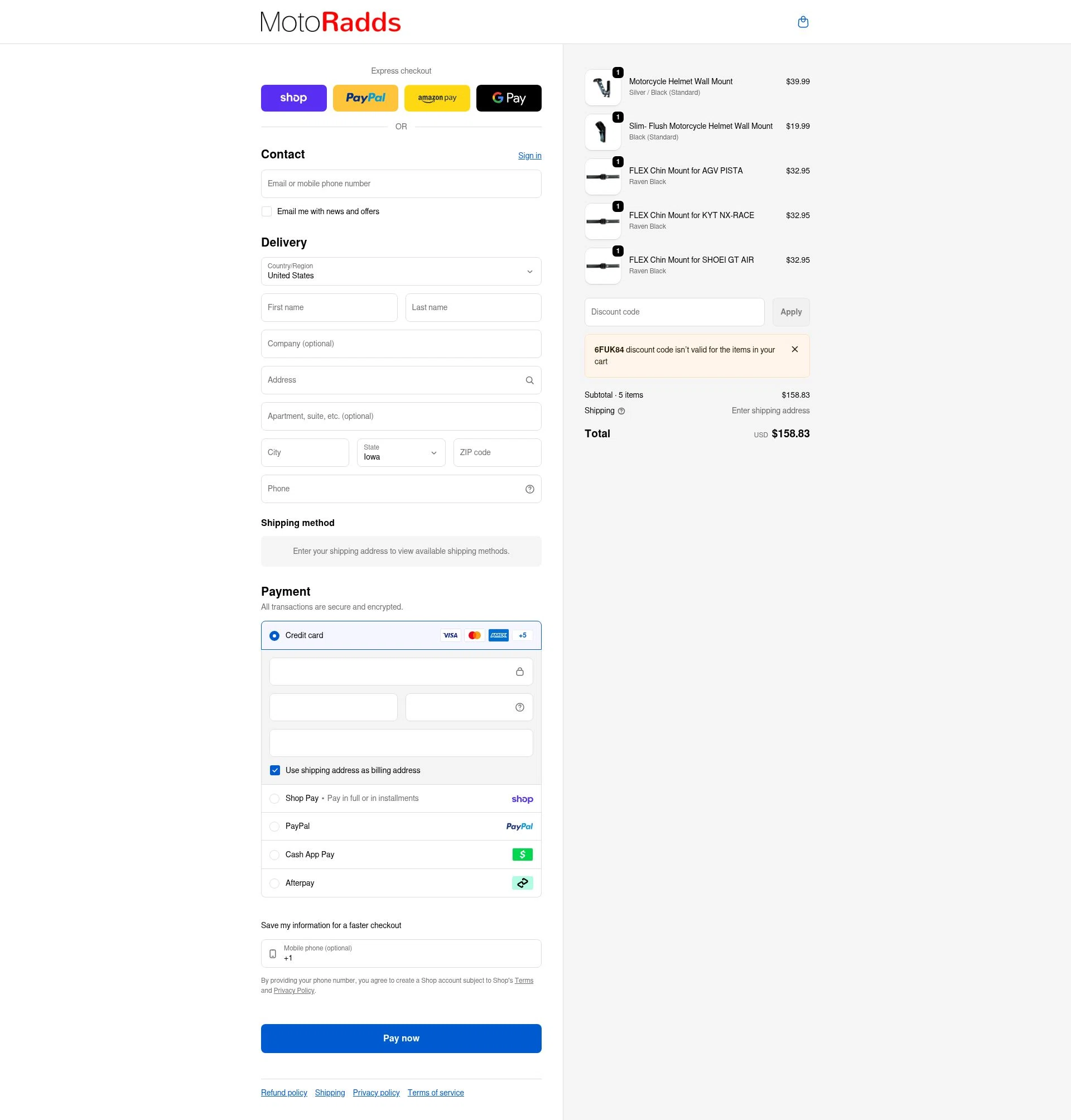 MotoRadds checkout page showing MotoRadds discount code box | Screenshot taken by SimplyCodes community member on Feb 8, 2026