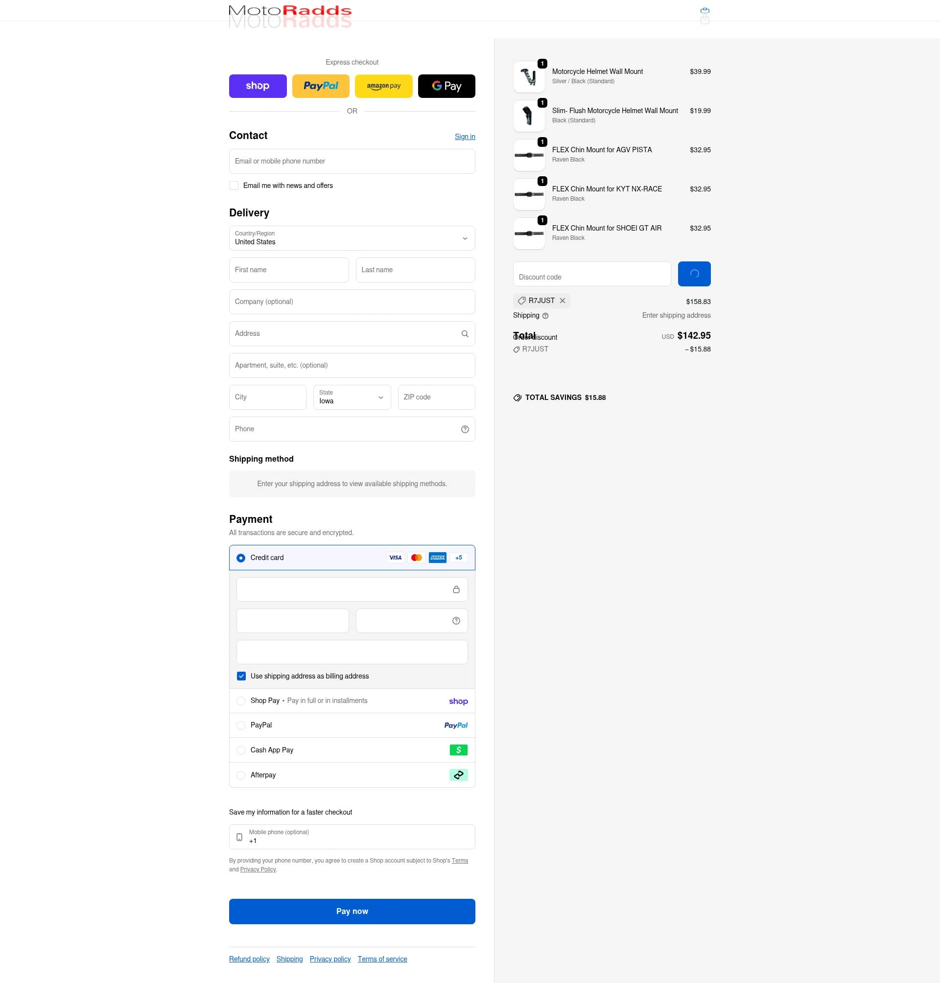 MotoRadds checkout page showing MotoRadds discount code box | Screenshot taken by SimplyCodes community member on Feb 8, 2026