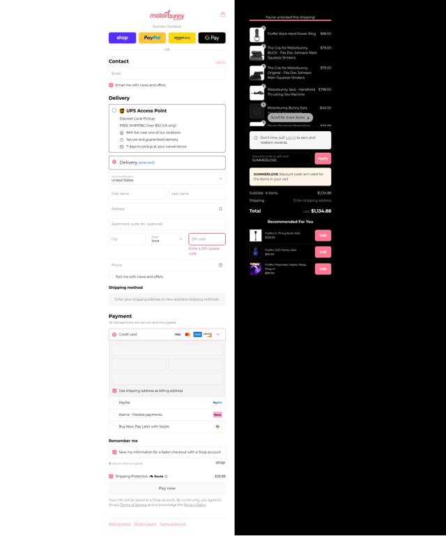 Motorbunny checkout page showing Motorbunny discount code box | Screenshot taken by SimplyCodes community member on Sep 9, 2025