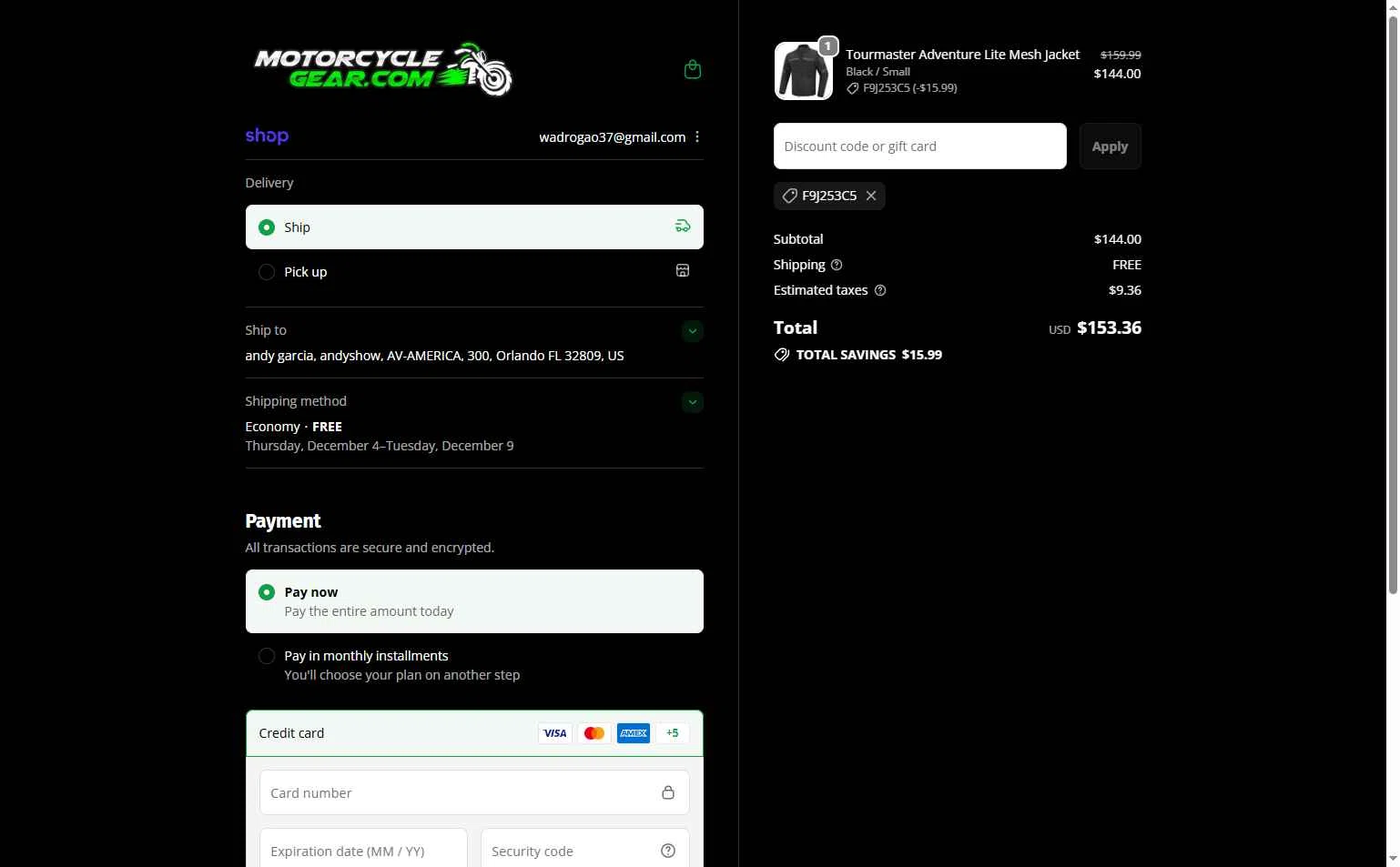 MotorcycleGear.com checkout page showing MotorcycleGear.com promo code box | Screenshot taken by SimplyCodes community member on Nov 24, 2025