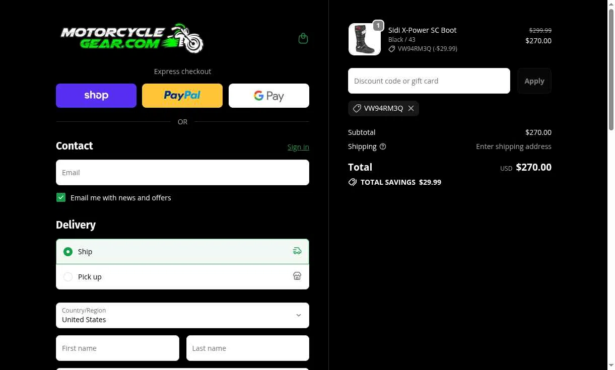 MotorcycleGear.com checkout page showing MotorcycleGear.com promo code box | Screenshot taken by SimplyCodes community member on Oct 20, 2025