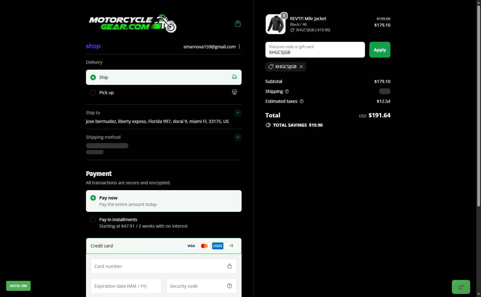 MotorcycleGear.com checkout page showing MotorcycleGear.com promo code box | Screenshot taken by SimplyCodes community member on Sep 21, 2025