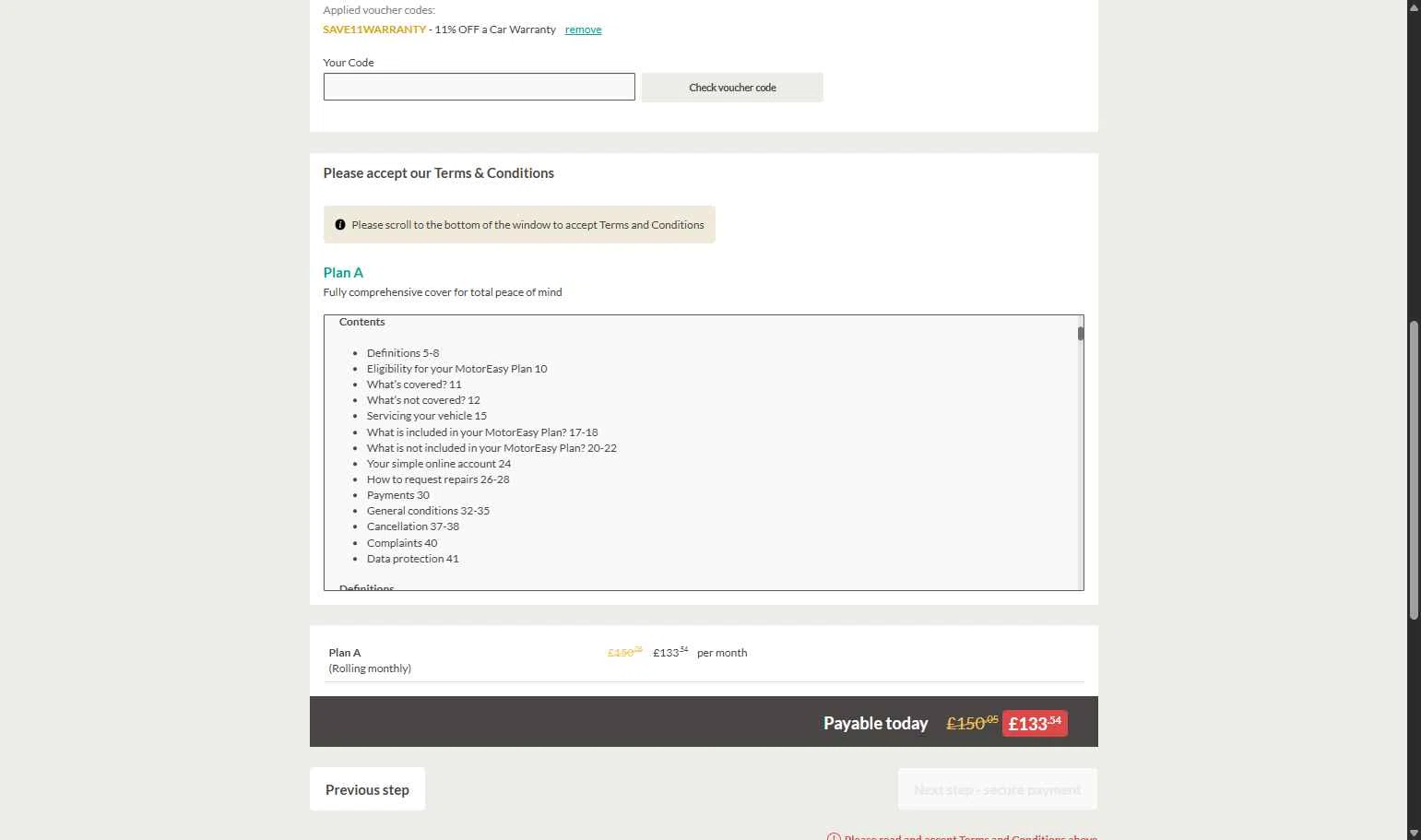 MotorEasy Car Warranty checkout page showing MotorEasy Car Warranty promo code box | Screenshot taken by SimplyCodes community member on Jan 24, 2026