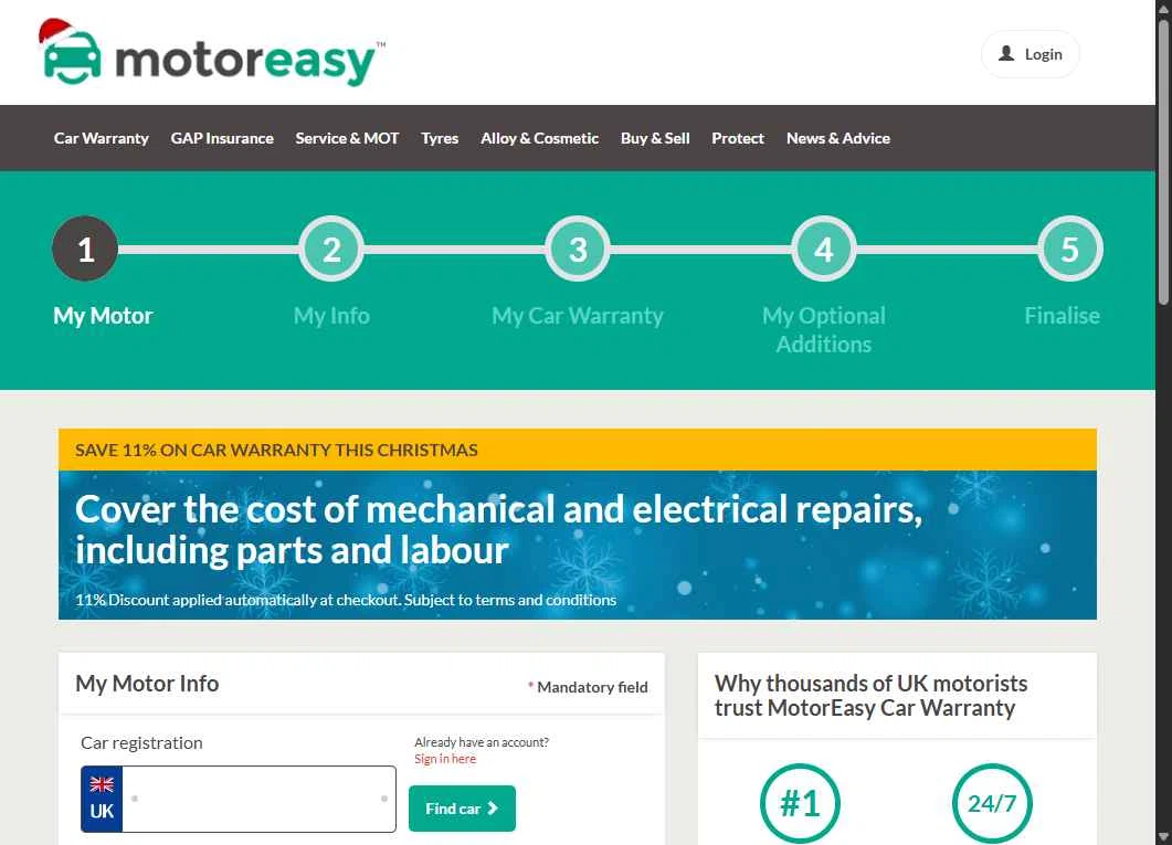 MotorEasy Car Warranty checkout page showing MotorEasy Car Warranty promo code box | Screenshot taken by SimplyCodes community member on Dec 22, 2025