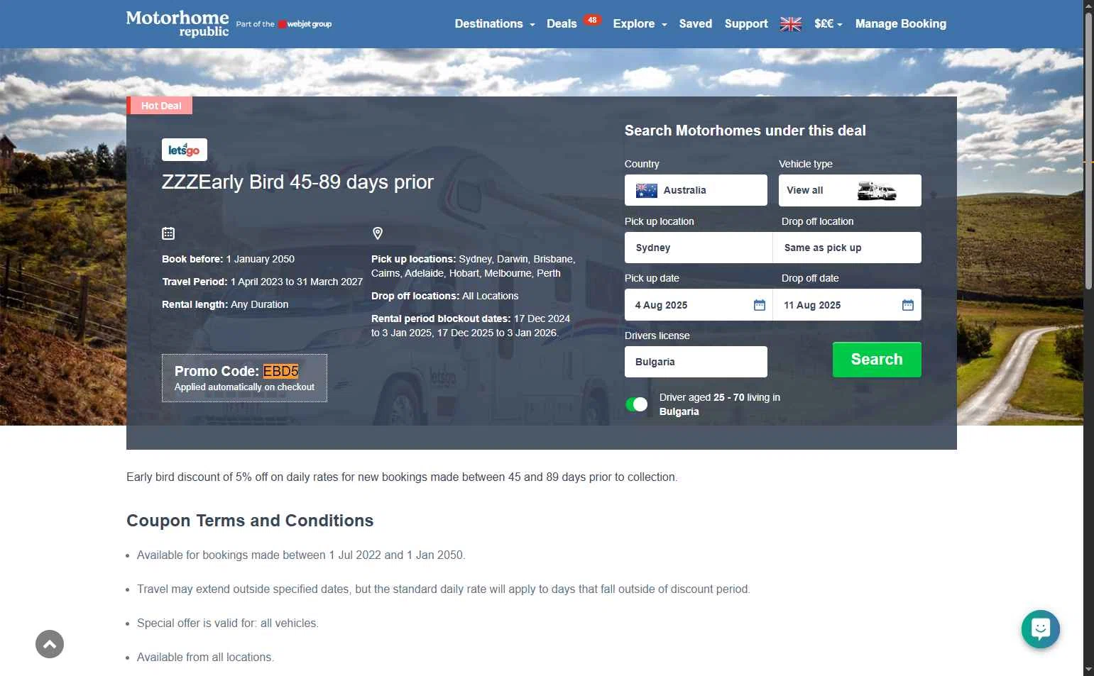 Motorhome Republic checkout page showing Motorhome Republic promo code box | Screenshot taken by SimplyCodes community member on Aug 1, 2025