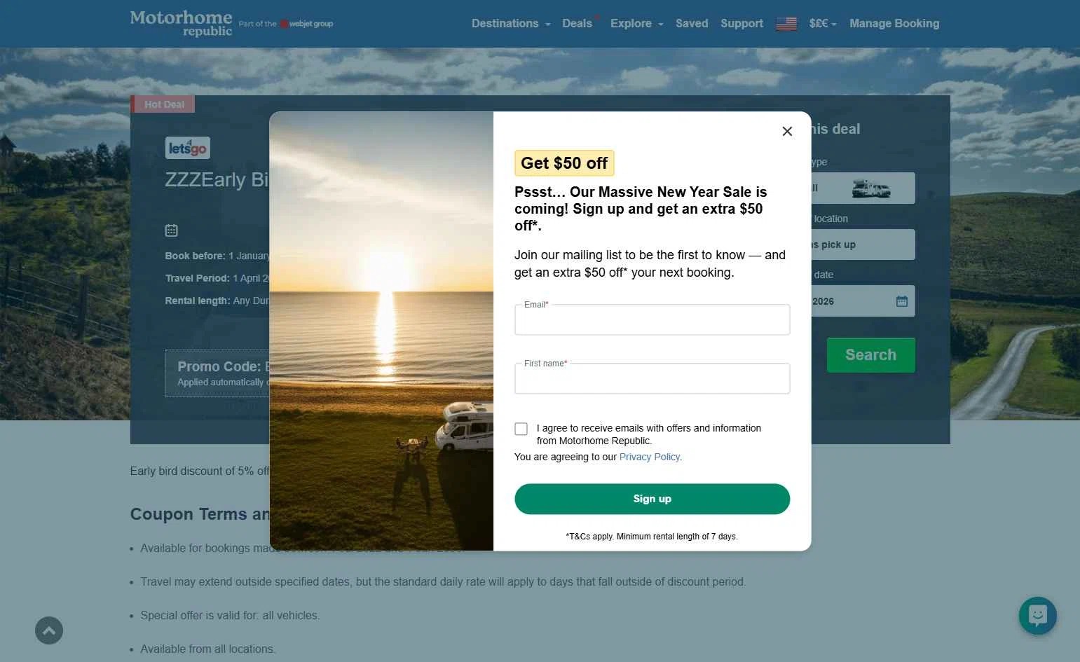 Motorhome Republic checkout page showing Motorhome Republic promo code box | Screenshot taken by SimplyCodes community member on Jan 3, 2026