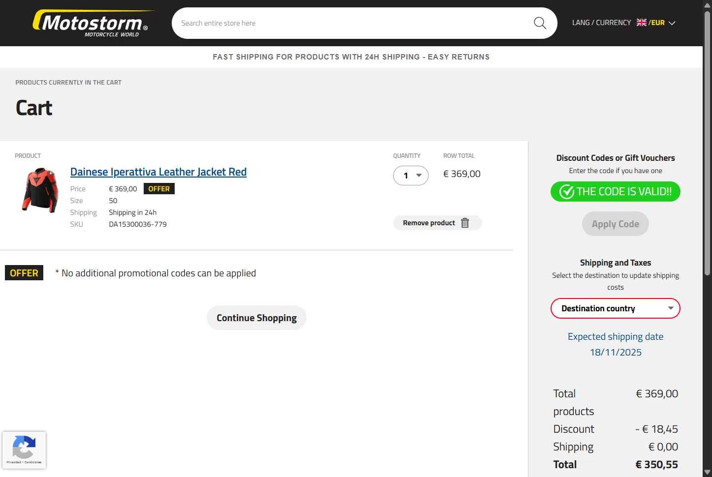 Motostorm checkout page showing Motostorm discount code box | Screenshot taken by SimplyCodes community member on Nov 16, 2025