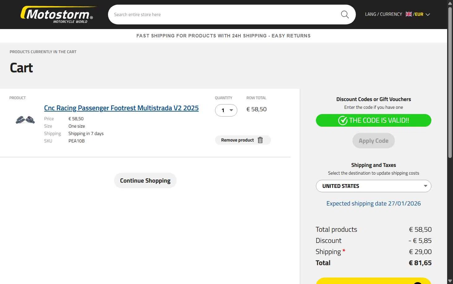 Motostorm checkout page showing Motostorm discount code box | Screenshot taken by SimplyCodes community member on Jan 20, 2026