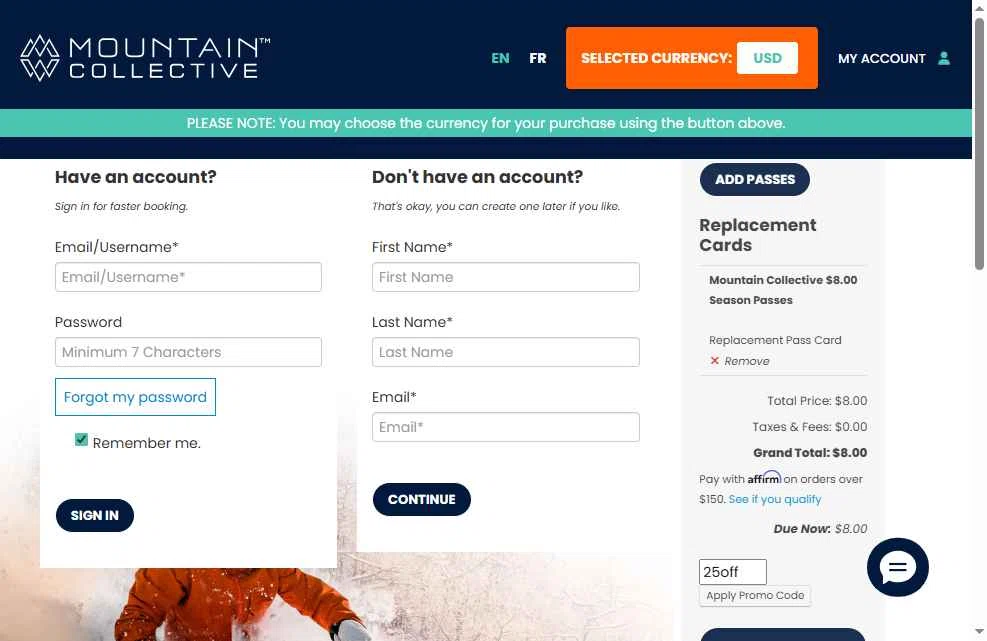 Mountain Collective checkout page showing Mountain Collective promo code box | Screenshot taken by SimplyCodes community member on Dec 25, 2025