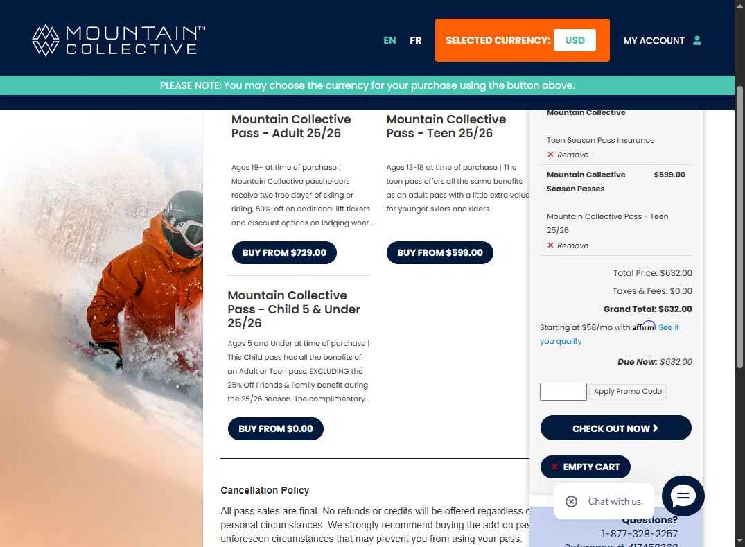 Mountain Collective checkout page showing Mountain Collective promo code box | Screenshot taken by SimplyCodes community member on Nov 13, 2025
