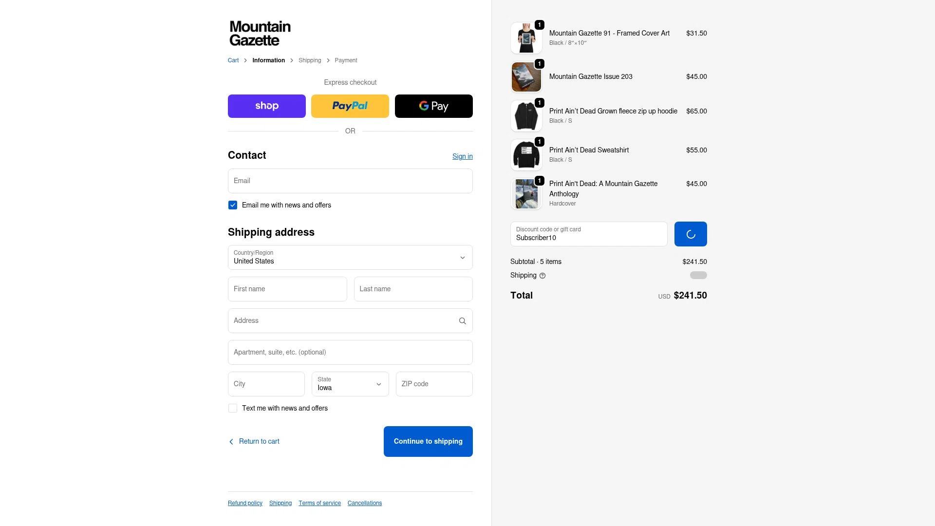 Mountain Gazette checkout page showing Mountain Gazette discount code box | Screenshot taken by SimplyCodes community member on Dec 24, 2025