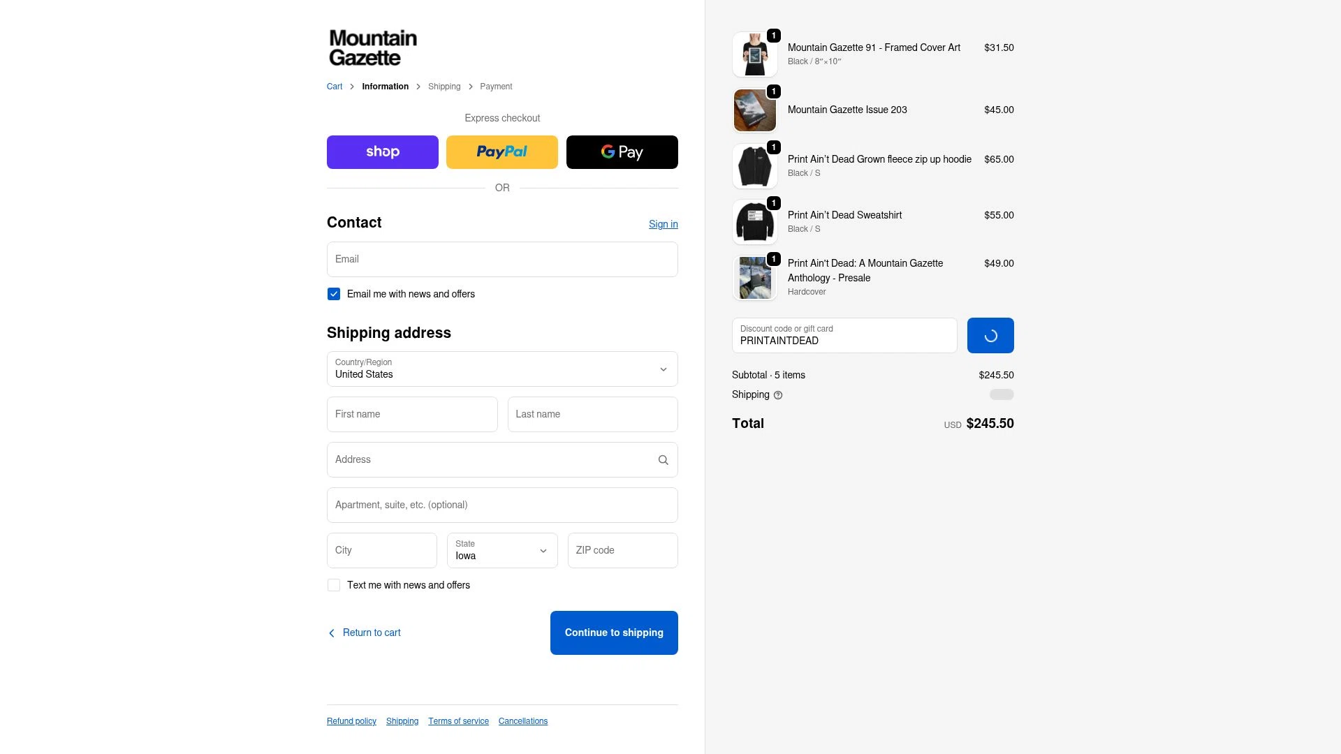 Mountain Gazette checkout page showing Mountain Gazette discount code box | Screenshot taken by SimplyCodes community member on Jan 8, 2026