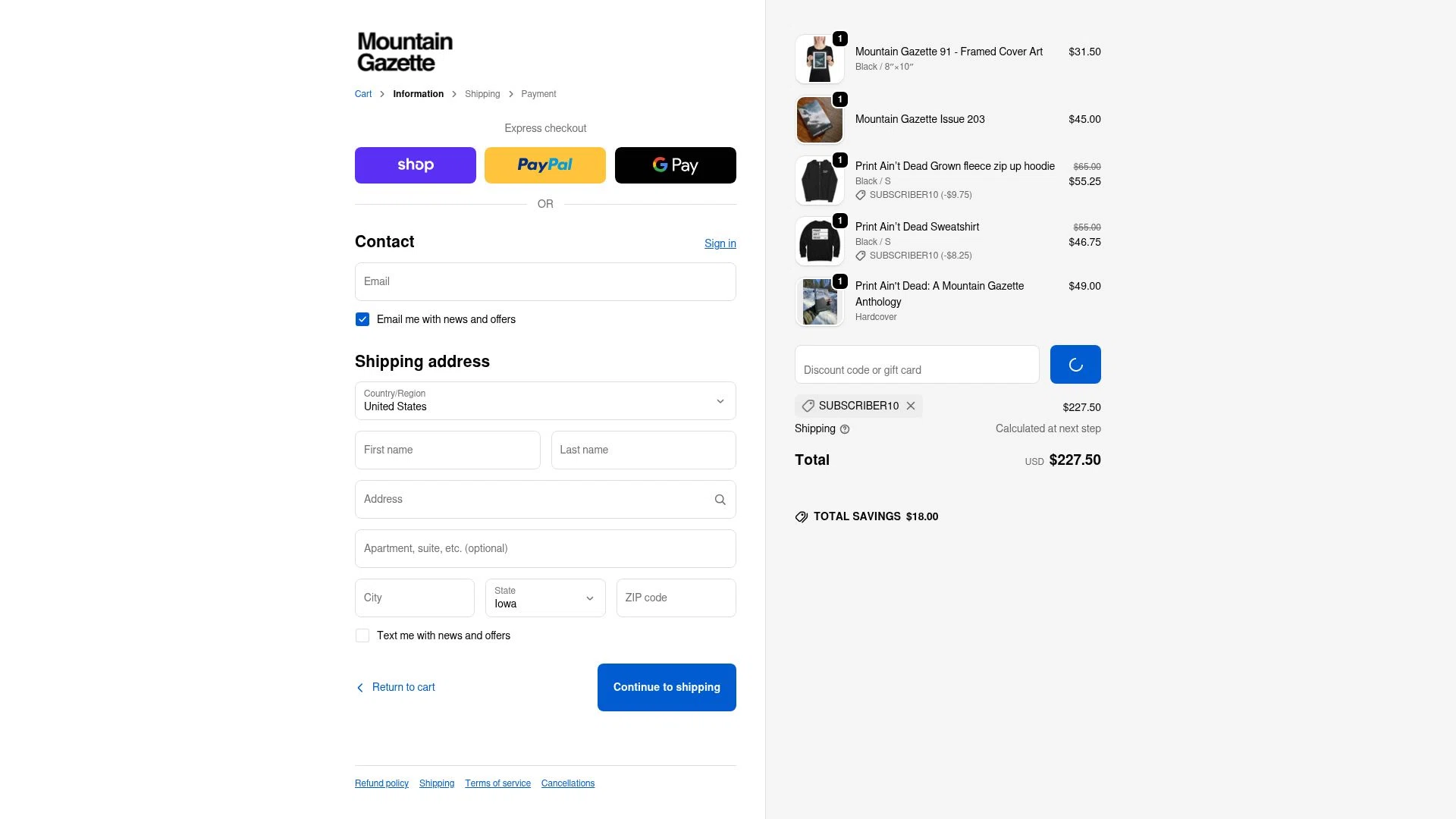 Mountain Gazette checkout page showing Mountain Gazette discount code box | Screenshot taken by SimplyCodes community member on Jan 3, 2026