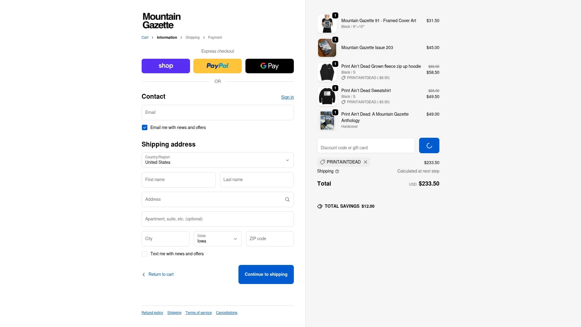Mountain Gazette checkout page showing Mountain Gazette discount code box | Screenshot taken by SimplyCodes community member on Jan 3, 2026