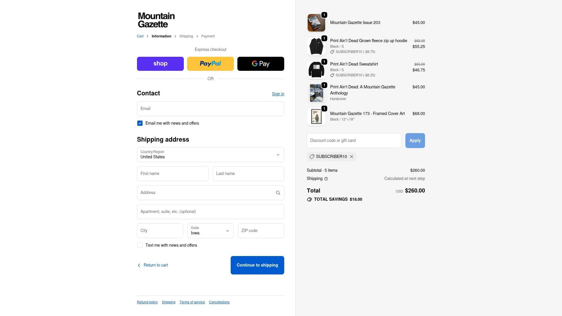Mountain Gazette checkout page showing Mountain Gazette discount code box | Screenshot taken by SimplyCodes community member on Dec 11, 2025