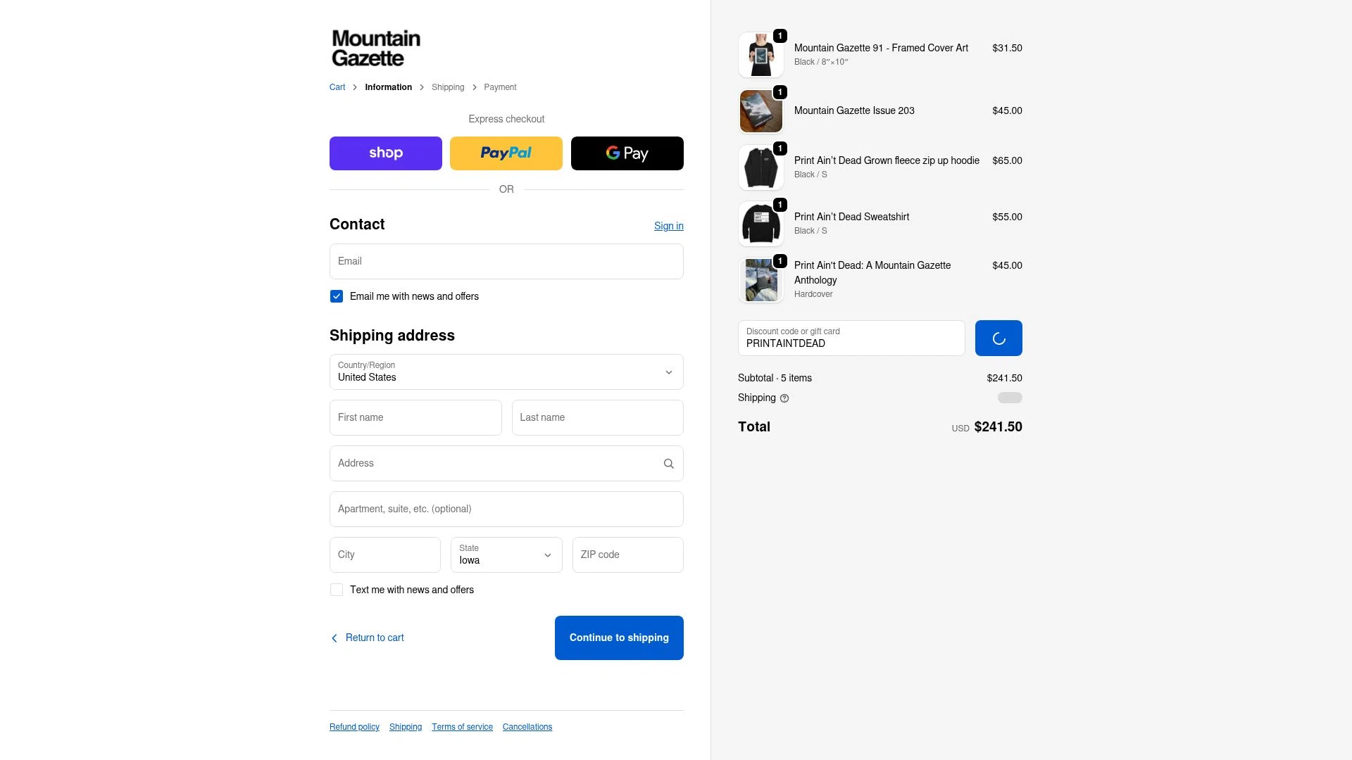Mountain Gazette checkout page showing Mountain Gazette discount code box | Screenshot taken by SimplyCodes community member on Dec 29, 2025