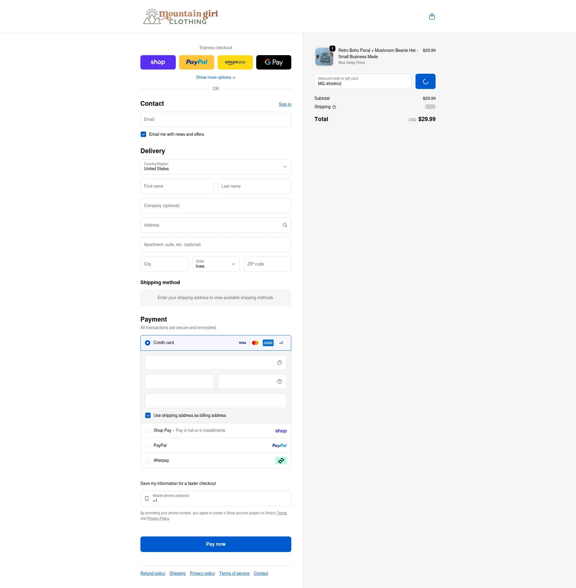 Mountain Girl Clothing checkout page showing Mountain Girl Clothing discount code box | Screenshot taken by SimplyCodes community member on Feb 10, 2026