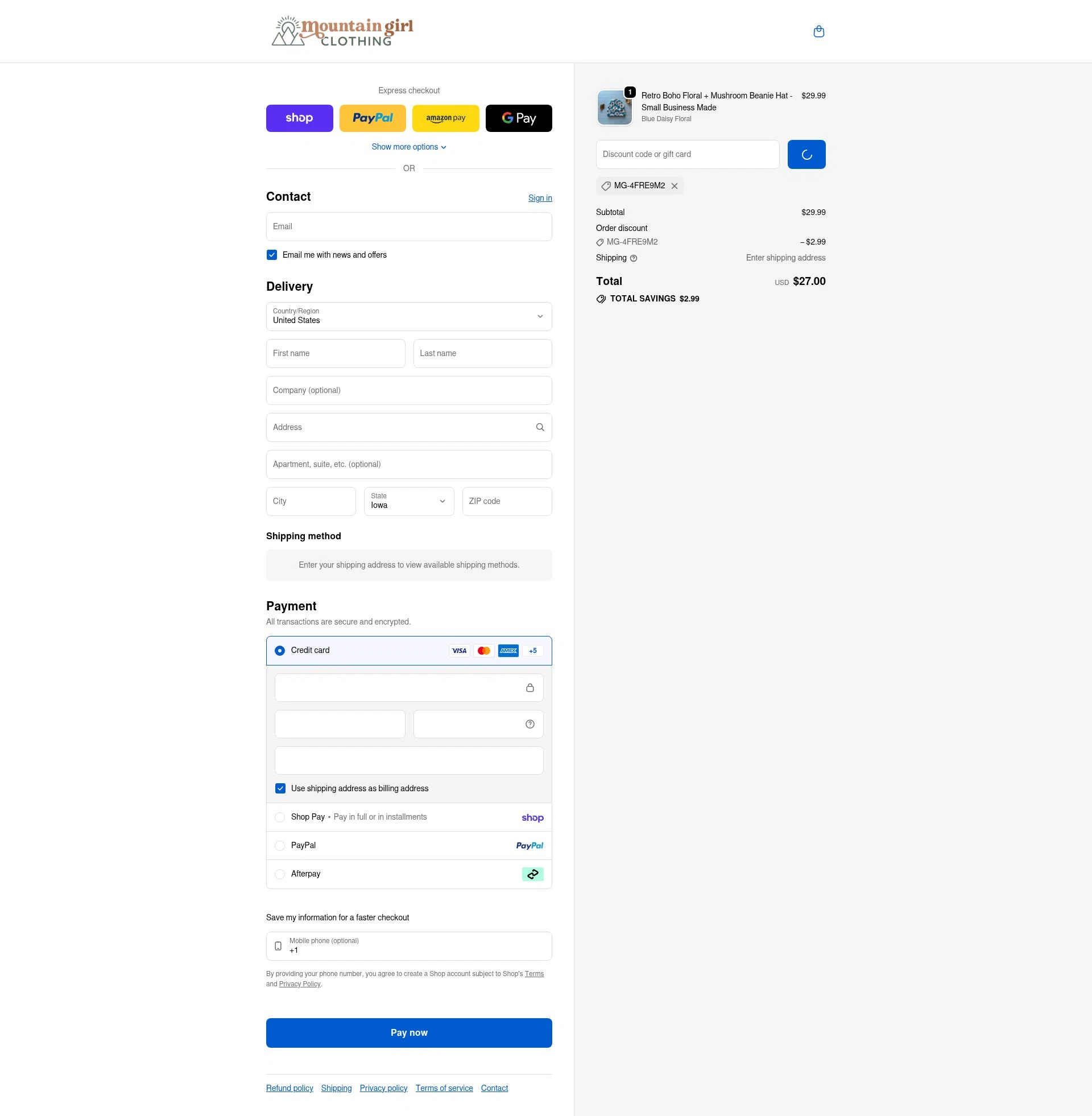 Mountain Girl Clothing checkout page showing Mountain Girl Clothing discount code box | Screenshot taken by SimplyCodes community member on Feb 14, 2026