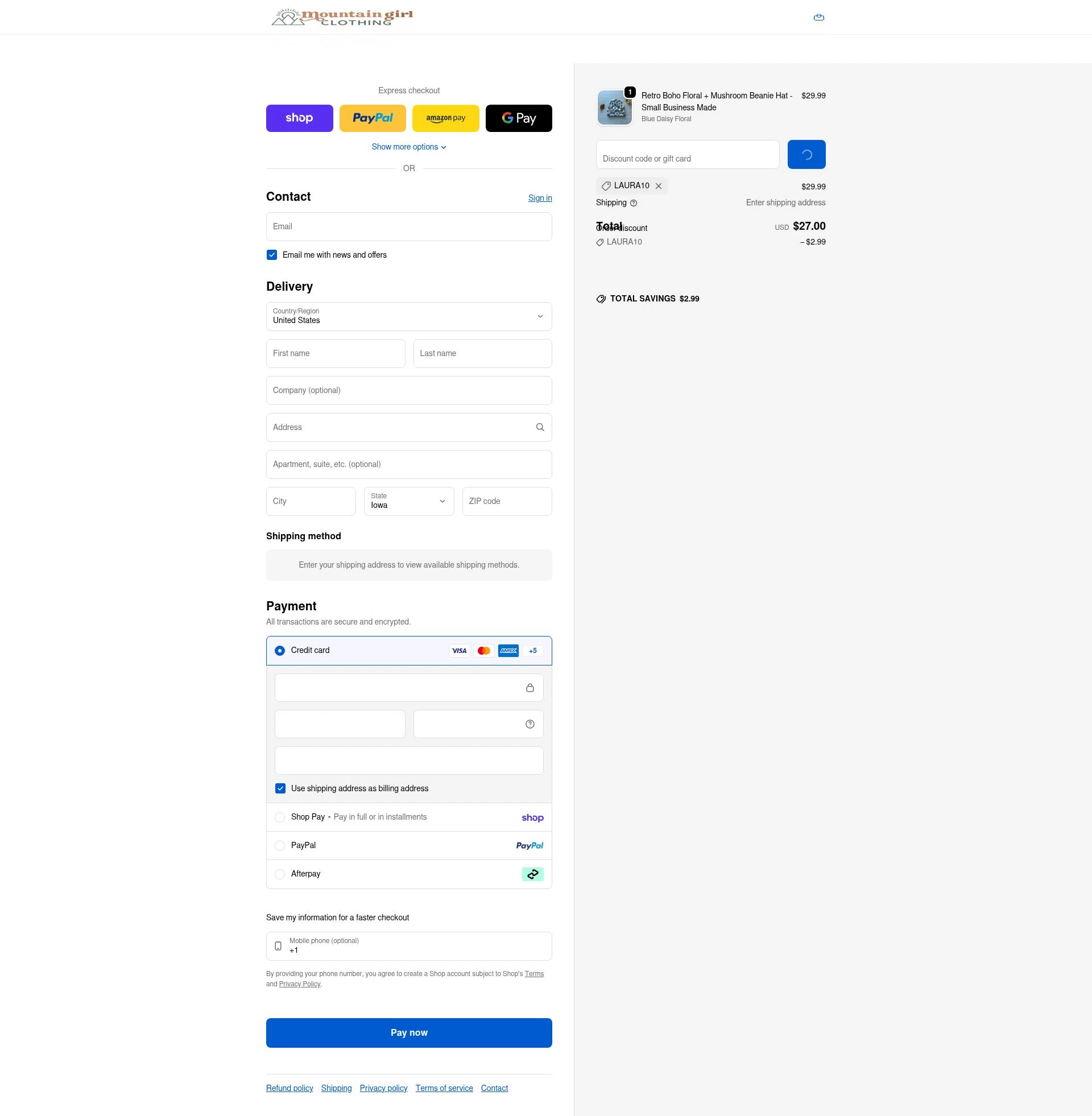 Mountain Girl Clothing checkout page showing Mountain Girl Clothing discount code box | Screenshot taken by SimplyCodes community member on Feb 14, 2026