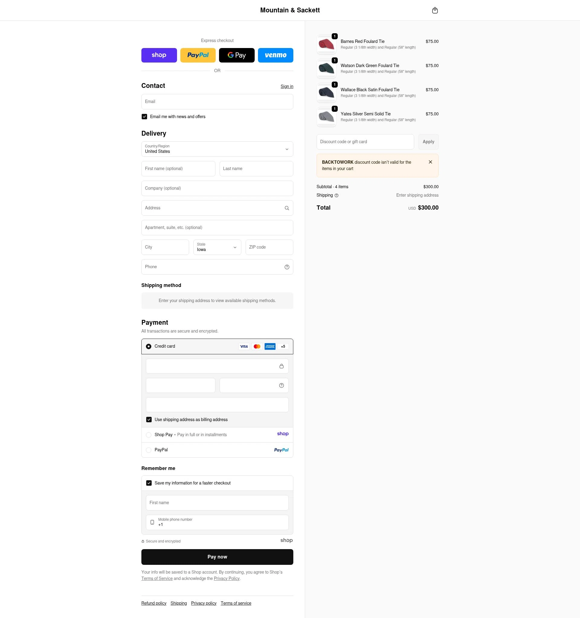 Mountain & Sackett checkout page showing Mountain & Sackett promo code box | Screenshot taken by SimplyCodes community member on Jan 2, 2026