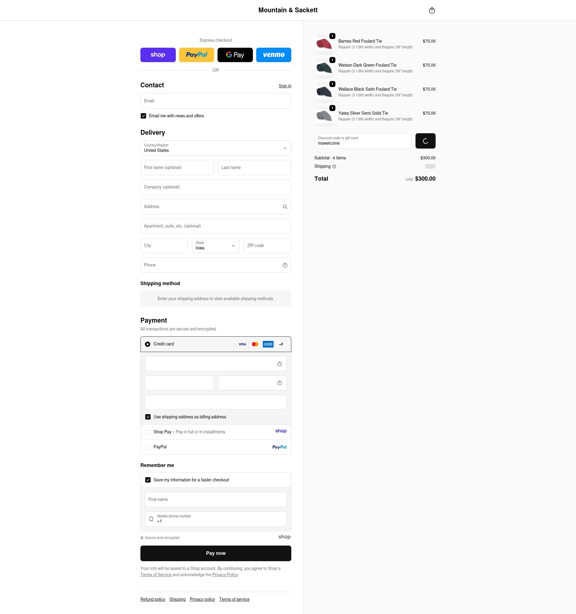Mountain & Sackett checkout page showing Mountain & Sackett promo code box | Screenshot taken by SimplyCodes community member on Dec 28, 2025