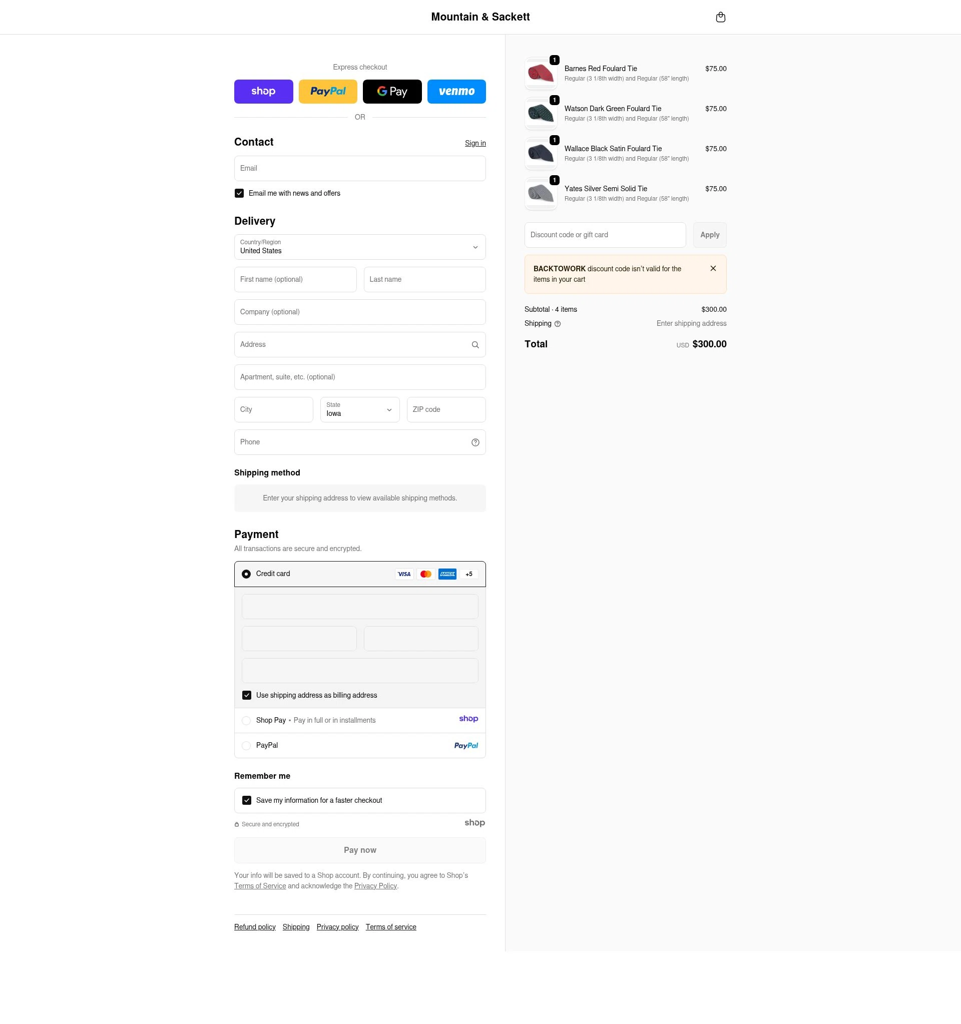Mountain & Sackett checkout page showing Mountain & Sackett promo code box | Screenshot taken by SimplyCodes community member on Dec 28, 2025
