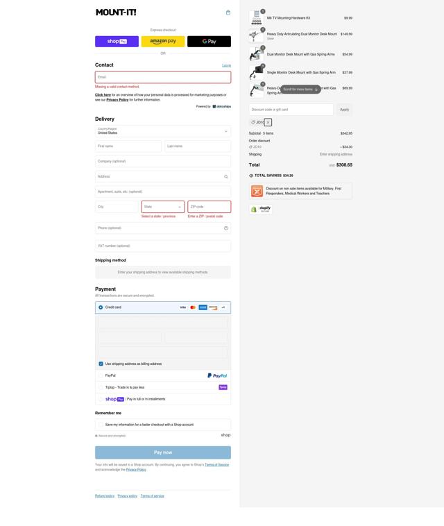 Mount-It! checkout page showing Mount-It! promo code box | Screenshot taken by SimplyCodes community member on Feb 20, 2025