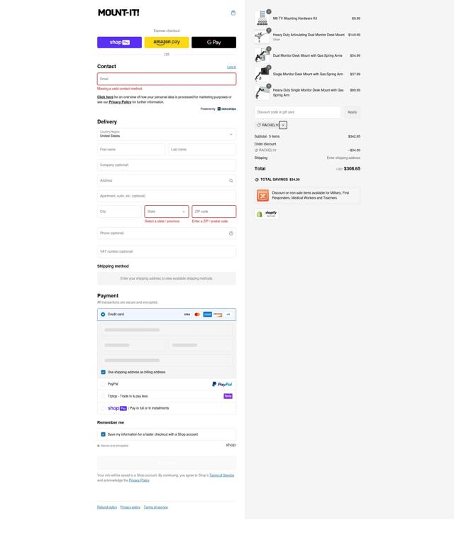Mount-It! checkout page showing Mount-It! promo code box | Screenshot taken by SimplyCodes community member on Feb 20, 2025