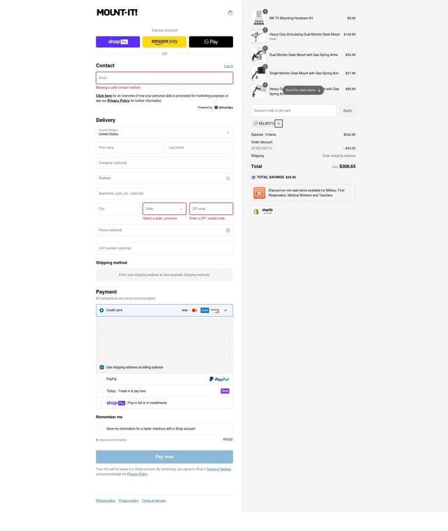 Mount-It! checkout page showing Mount-It! promo code box | Screenshot taken by SimplyCodes community member on Feb 20, 2025