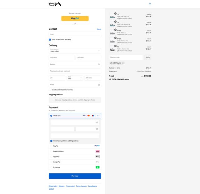 Mount to Coast checkout page showing Mount to Coast discount code box | Screenshot taken by SimplyCodes community member on Sep 10, 2025