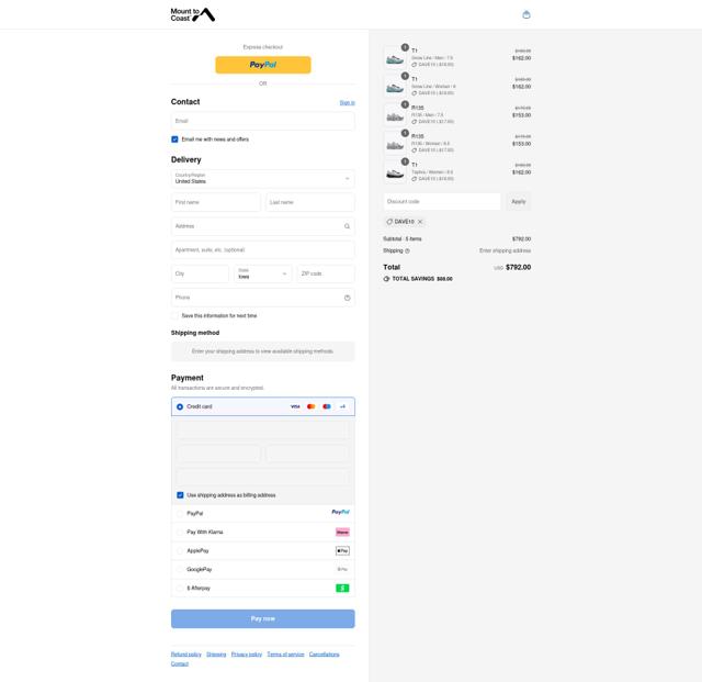 Mount to Coast checkout page showing Mount to Coast discount code box | Screenshot taken by SimplyCodes community member on Sep 10, 2025