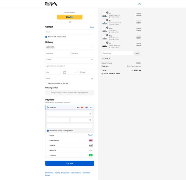 Mount to Coast checkout page showing Mount to Coast discount code box | Screenshot taken by SimplyCodes community member on Sep 10, 2025