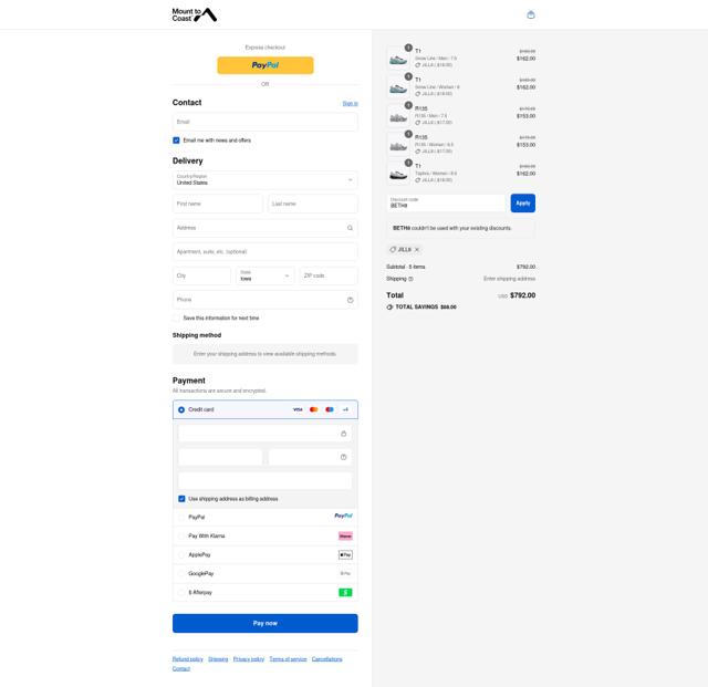 Mount to Coast checkout page showing Mount to Coast discount code box | Screenshot taken by SimplyCodes community member on Sep 10, 2025