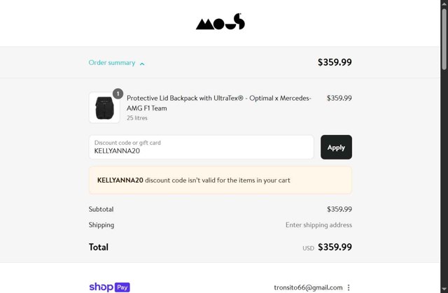 Mous checkout page showing Mous discount code box | Screenshot taken by SimplyCodes community member on Aug 28, 2025