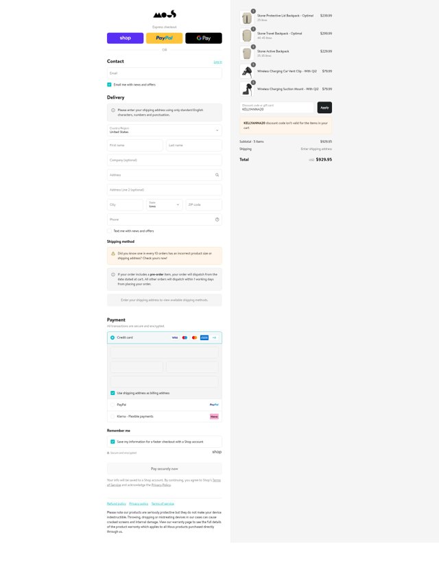 Mous checkout page showing Mous discount code box | Screenshot taken by SimplyCodes community member on Aug 30, 2025