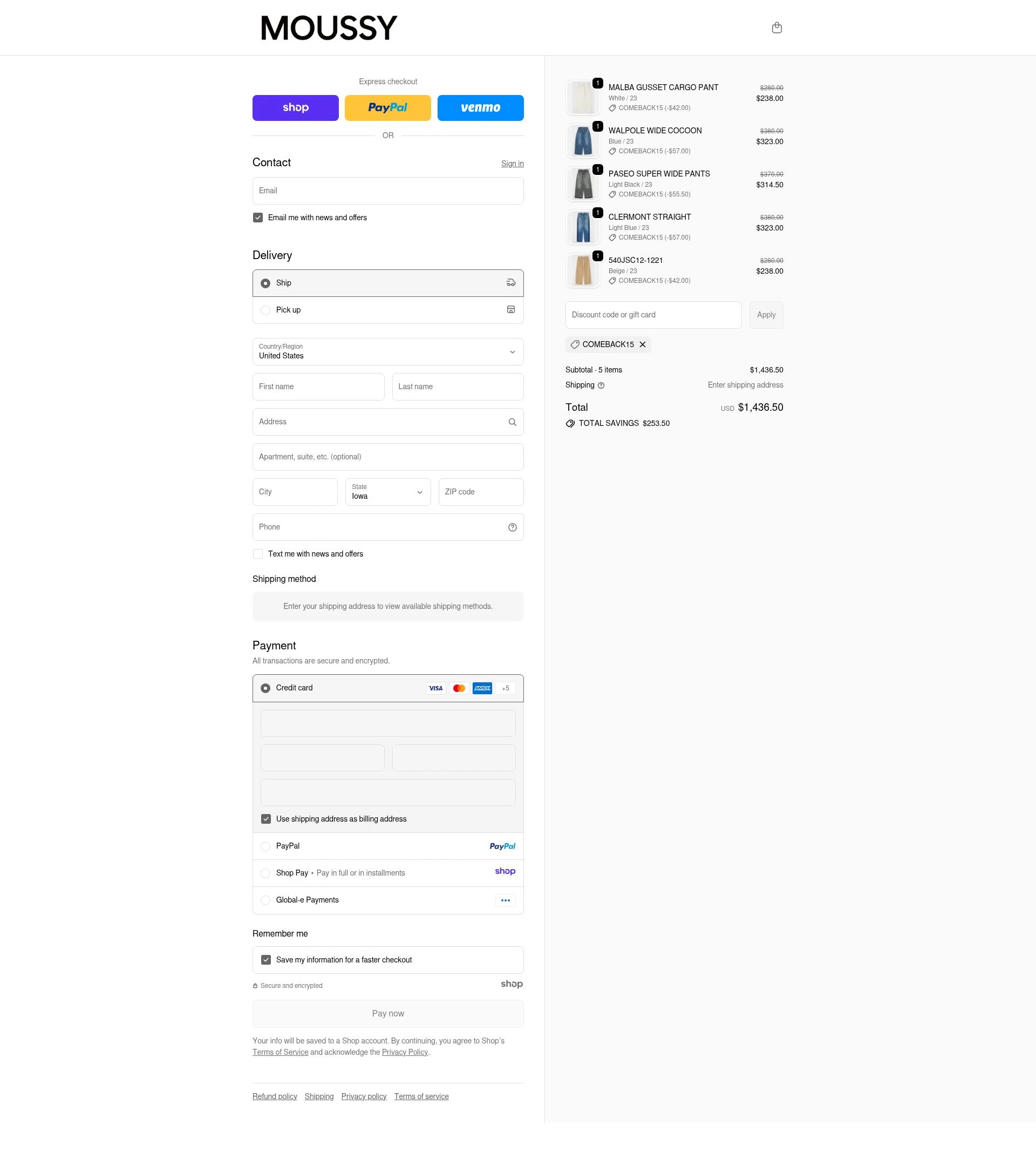 Moussy Global checkout page showing Moussy Global promo code box | Screenshot taken by SimplyCodes community member on Dec 15, 2025
