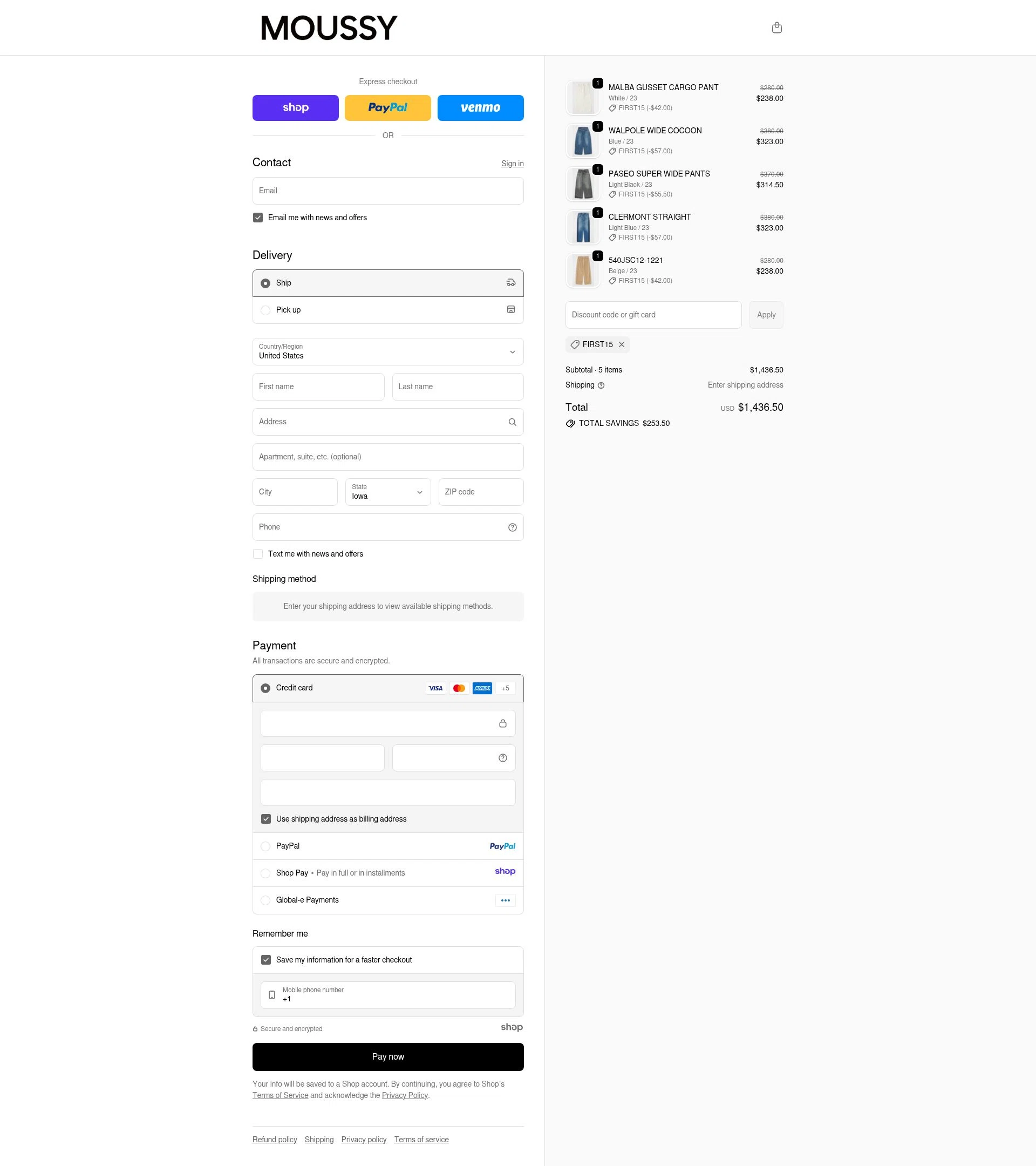 Moussy Global checkout page showing Moussy Global promo code box | Screenshot taken by SimplyCodes community member on Dec 15, 2025