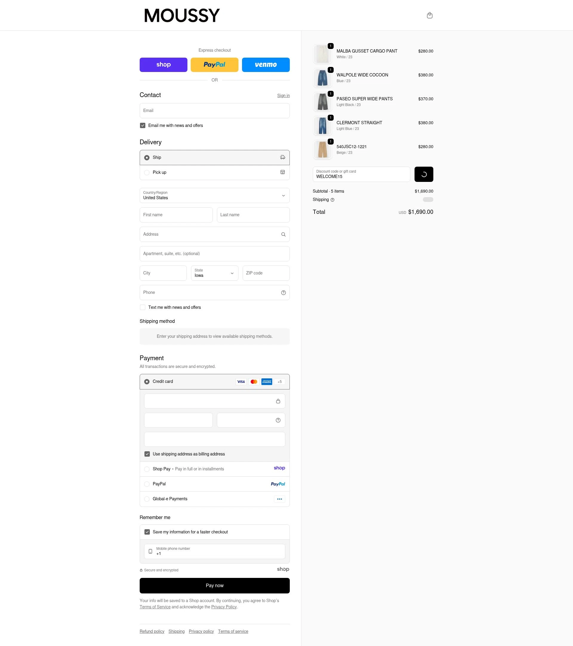 Moussy Global checkout page showing Moussy Global promo code box | Screenshot taken by SimplyCodes community member on Jan 1, 2026