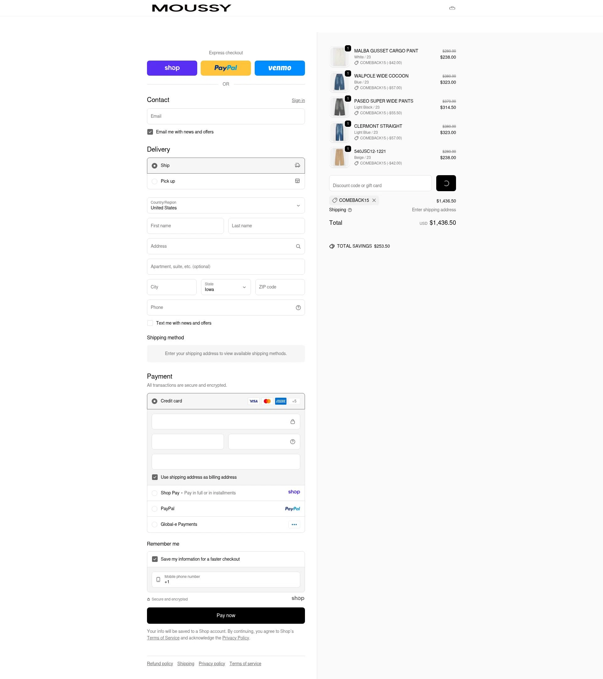 Moussy Global checkout page showing Moussy Global promo code box | Screenshot taken by SimplyCodes community member on Jan 1, 2026