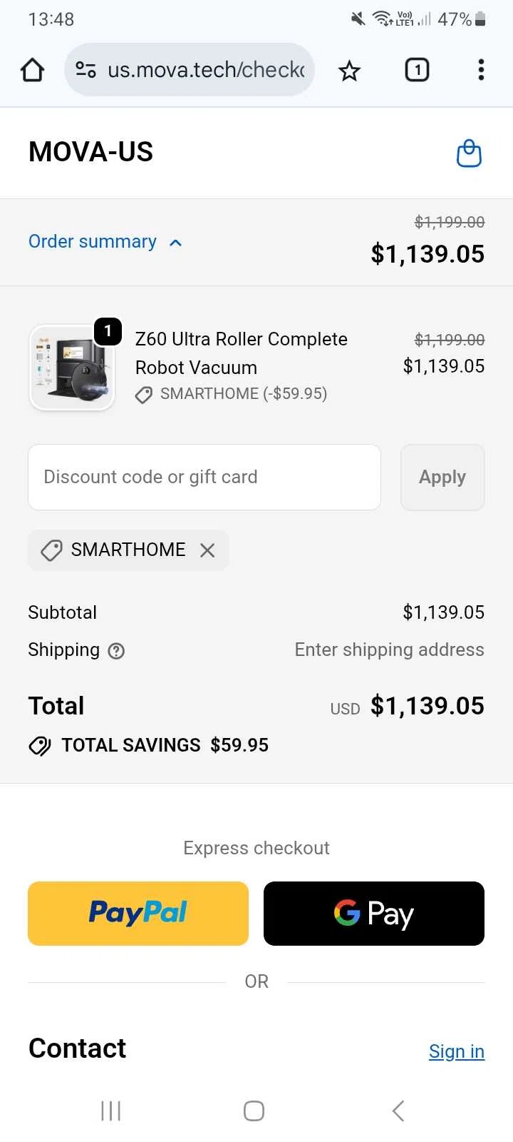 MOVA US promo code screenshot showing code SMARTHOME applied at MOVA US checkout page. Uploaded by SimplyCodes community member Celebrity on Jan 8, 2026