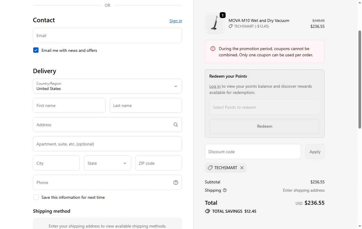 MOVA US checkout page showing MOVA US promo code box | Screenshot taken by SimplyCodes community member on Nov 21, 2025
