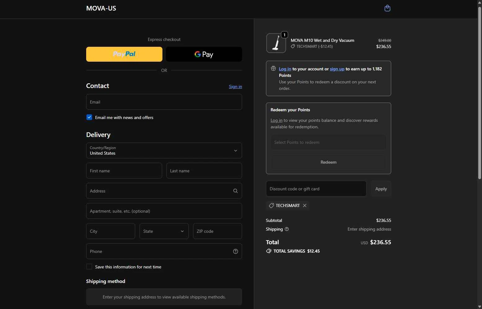 MOVA US checkout page showing MOVA US promo code box | Screenshot taken by SimplyCodes community member on Dec 19, 2025