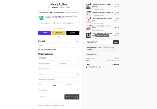 Move Active checkout page showing Move Active discount code box | Screenshot taken by SimplyCodes community member on Sep 10, 2025