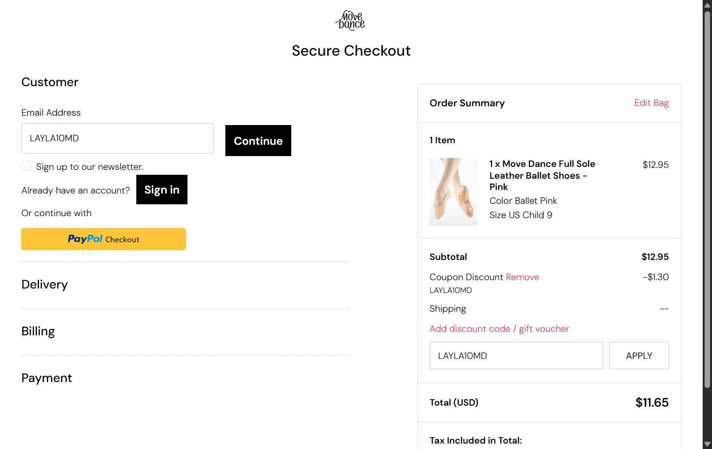 Move Dance checkout page showing Move Dance discount code box | Screenshot taken by SimplyCodes community member on Jul 16, 2025