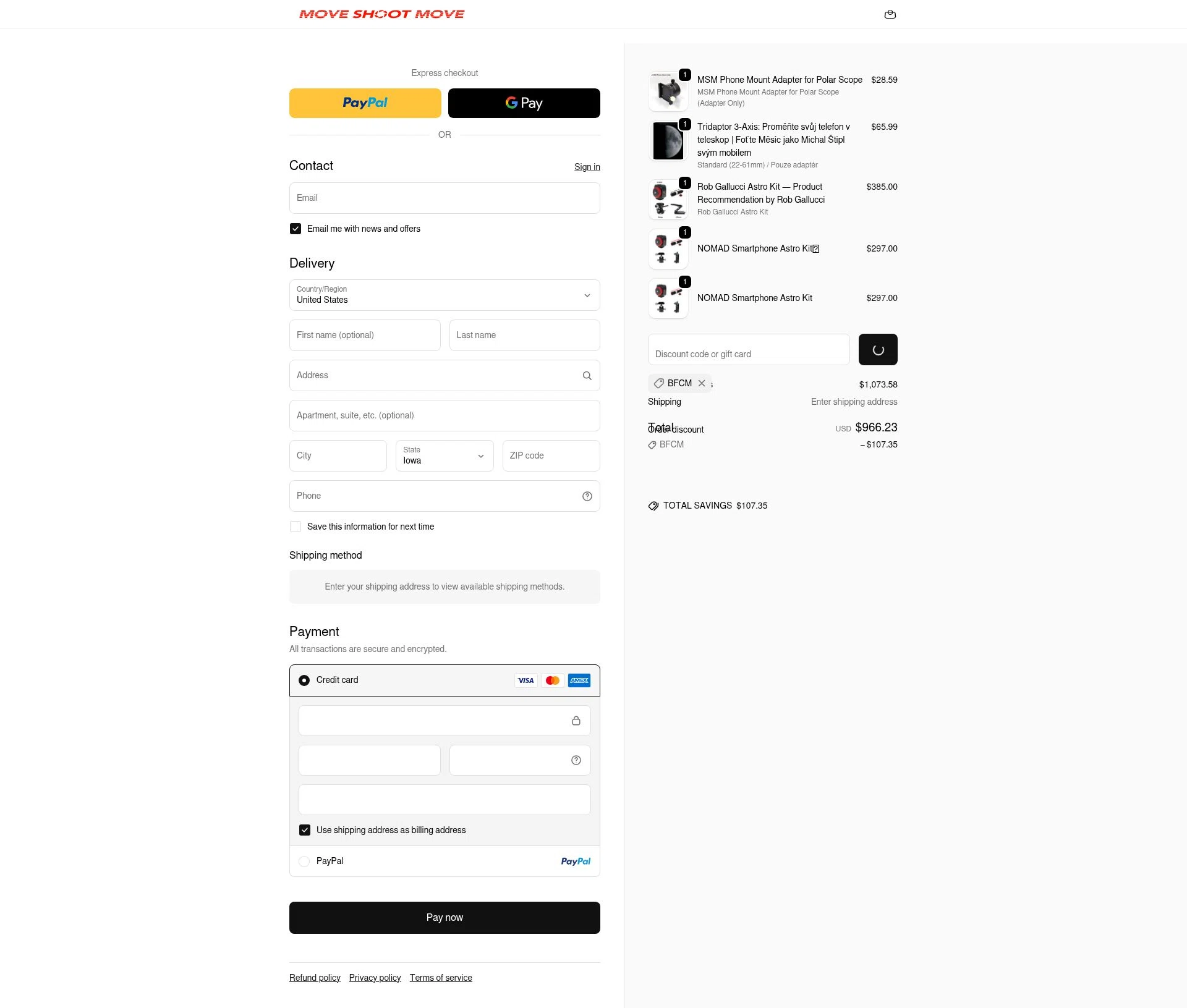Move Shoot Move checkout page showing Move Shoot Move discount code box | Screenshot taken by SimplyCodes community member on Feb 13, 2026
