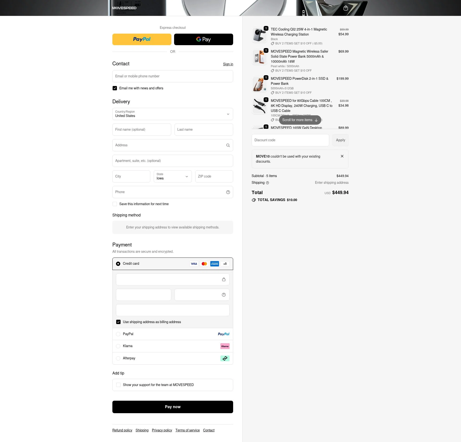 MoveSpeed checkout page showing MoveSpeed promo code box | Screenshot taken by SimplyCodes community member on Feb 13, 2026