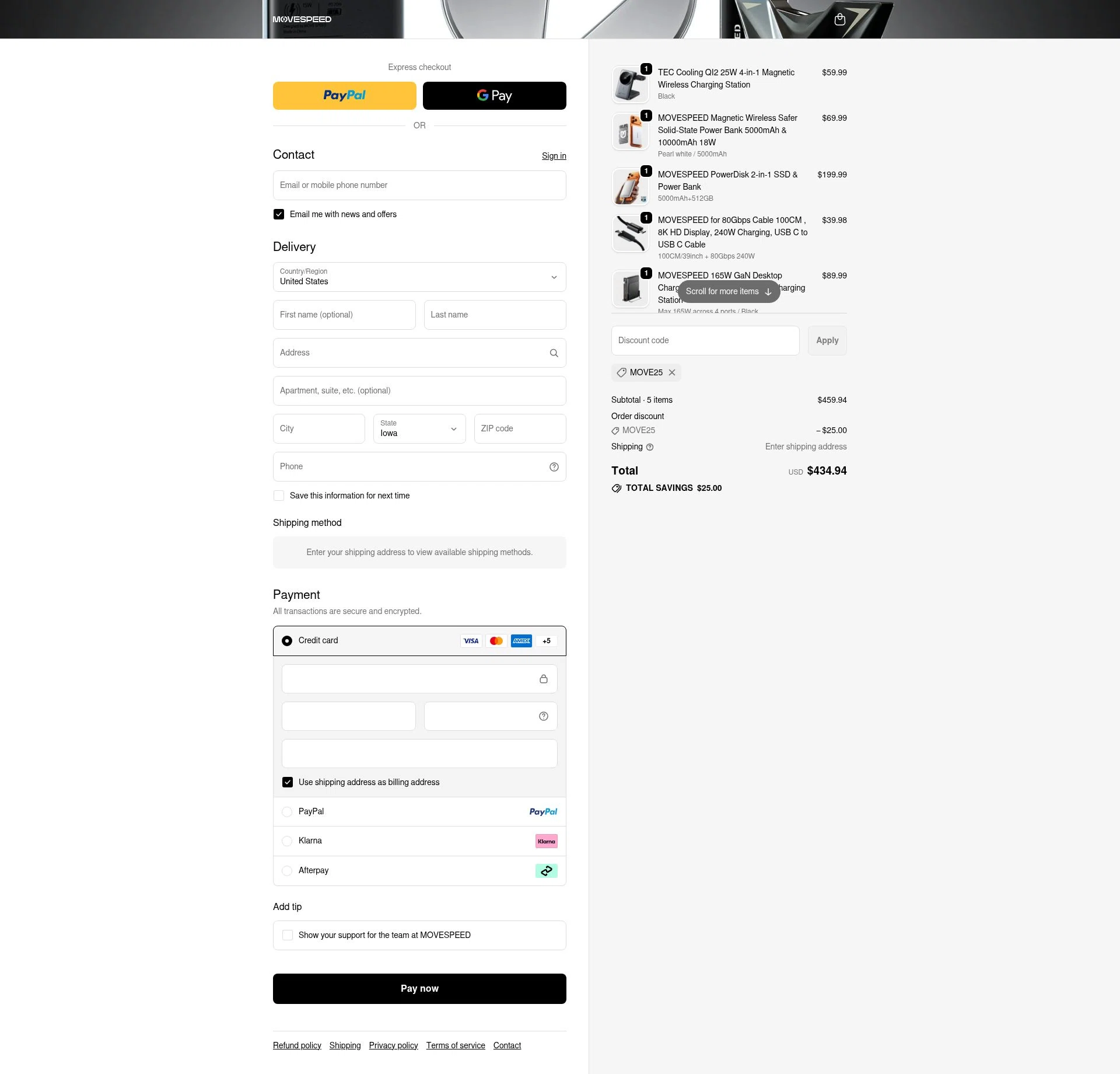 MoveSpeed checkout page showing MoveSpeed promo code box | Screenshot taken by SimplyCodes community member on Feb 9, 2026