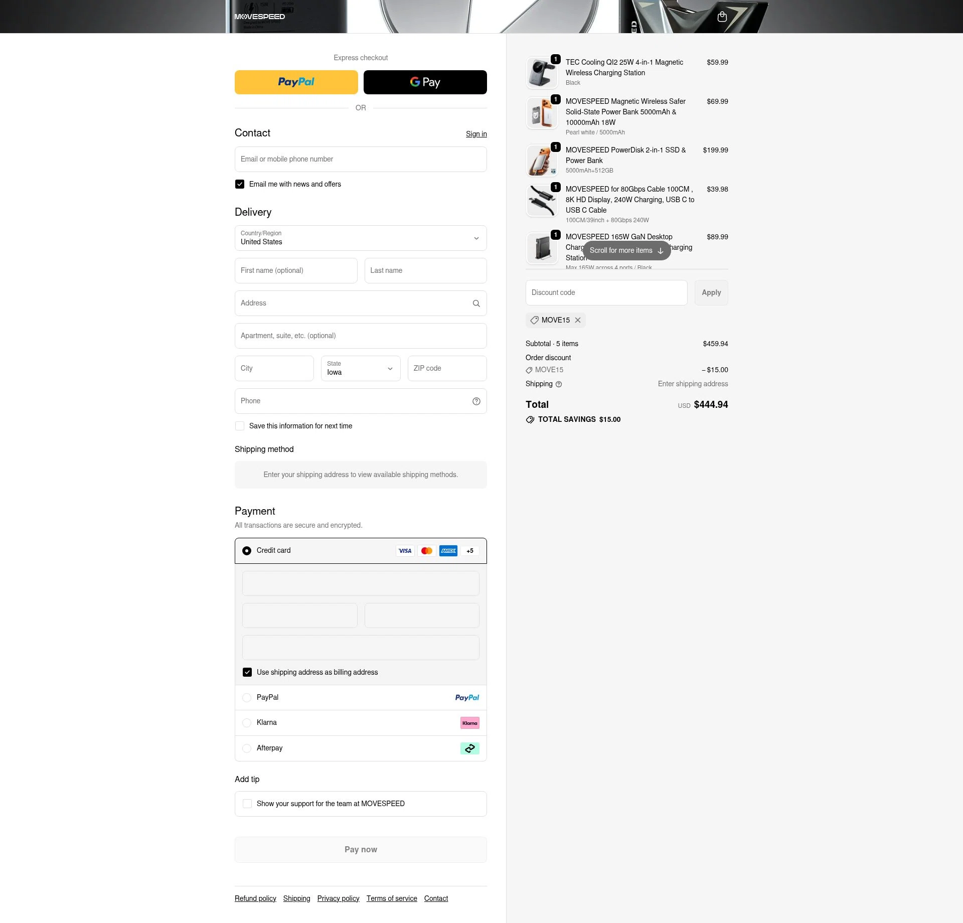 MoveSpeed checkout page showing MoveSpeed promo code box | Screenshot taken by SimplyCodes community member on Feb 13, 2026