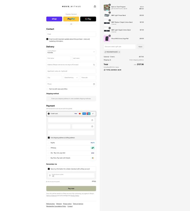 Move With Us checkout page showing Move With Us discount code box | Screenshot taken by SimplyCodes community member on Sep 9, 2025