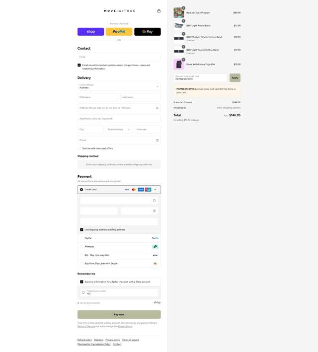 Move With Us checkout page showing Move With Us discount code box | Screenshot taken by SimplyCodes community member on Sep 9, 2025